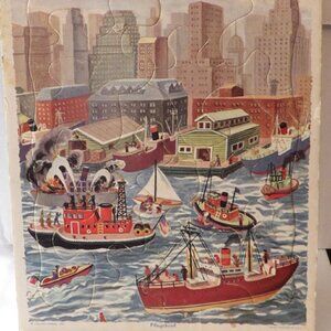 PLAYSKOOL 1950s Tray Puzzle 80-2C Printed in USA Boats Buildings Golden Press